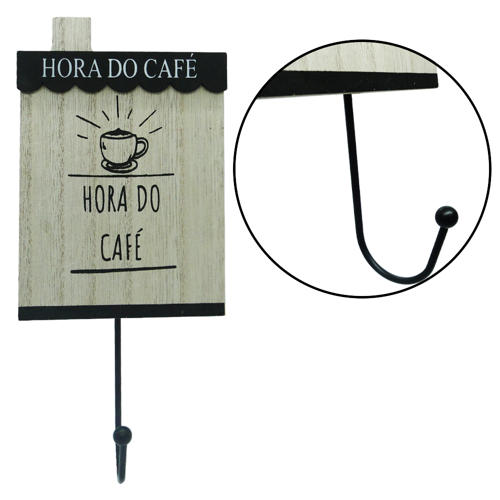 PORTA CHAVE / PANO DE MADEIRA HORA DO CAFE COM GANCHO DE METAL 21,5X9,5CM