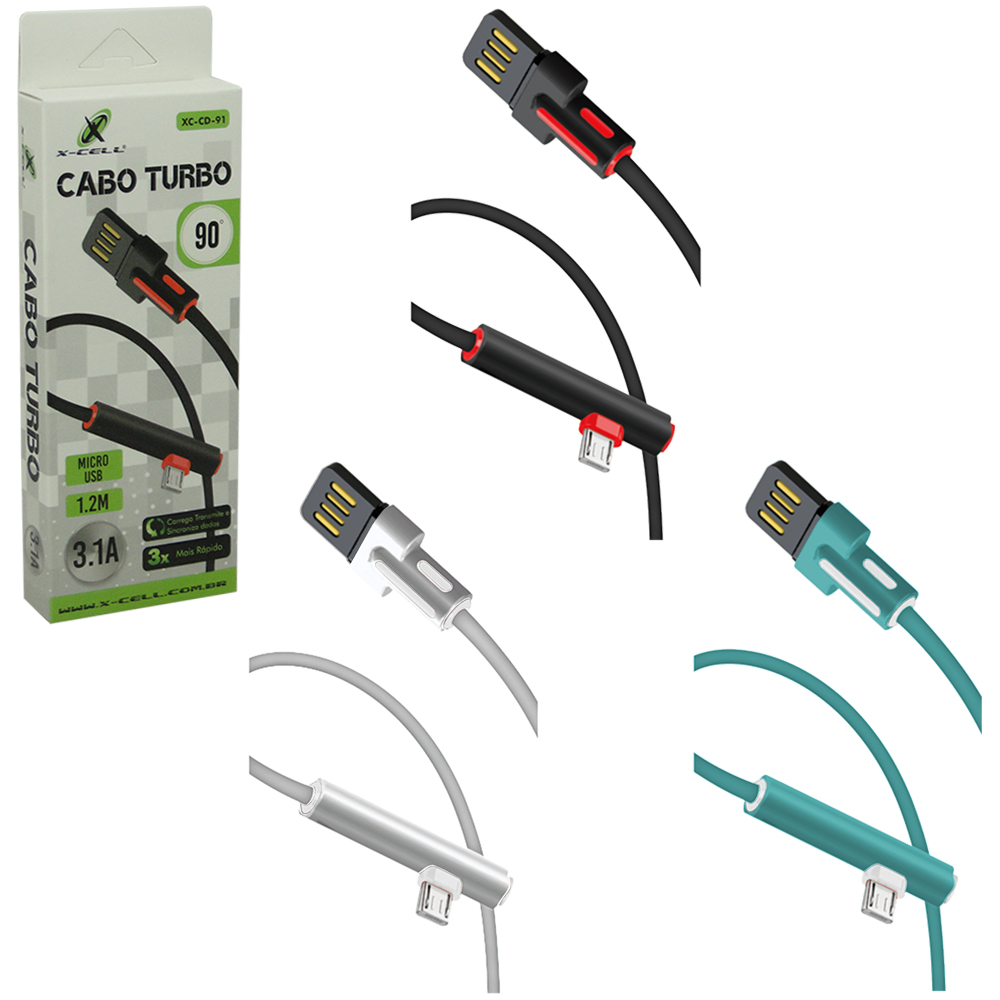 CABO PARA CELULAR TURBO USB X V8 3,1A 90º X-CELL 1,2M