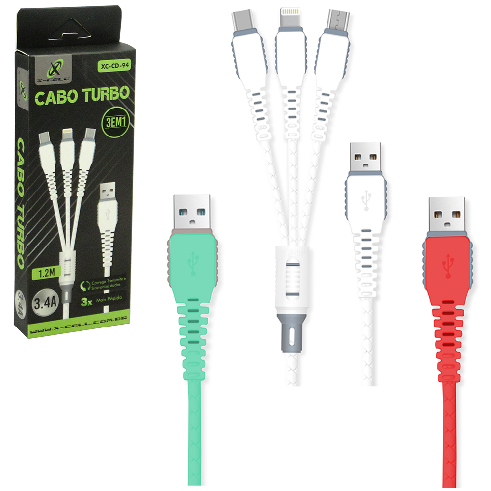 CABO PARA CELULAR 3 EM 1 USB X TIPO C + V8 E IP5/6/7/8/X 3,4A X-CELL 1,2M