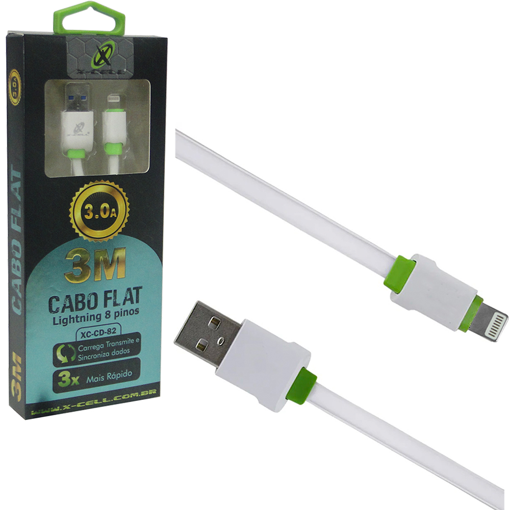 CABO PARA CELULAR FLAT USB X IP5/6/7/8/X 3,0A X-CELL 3M